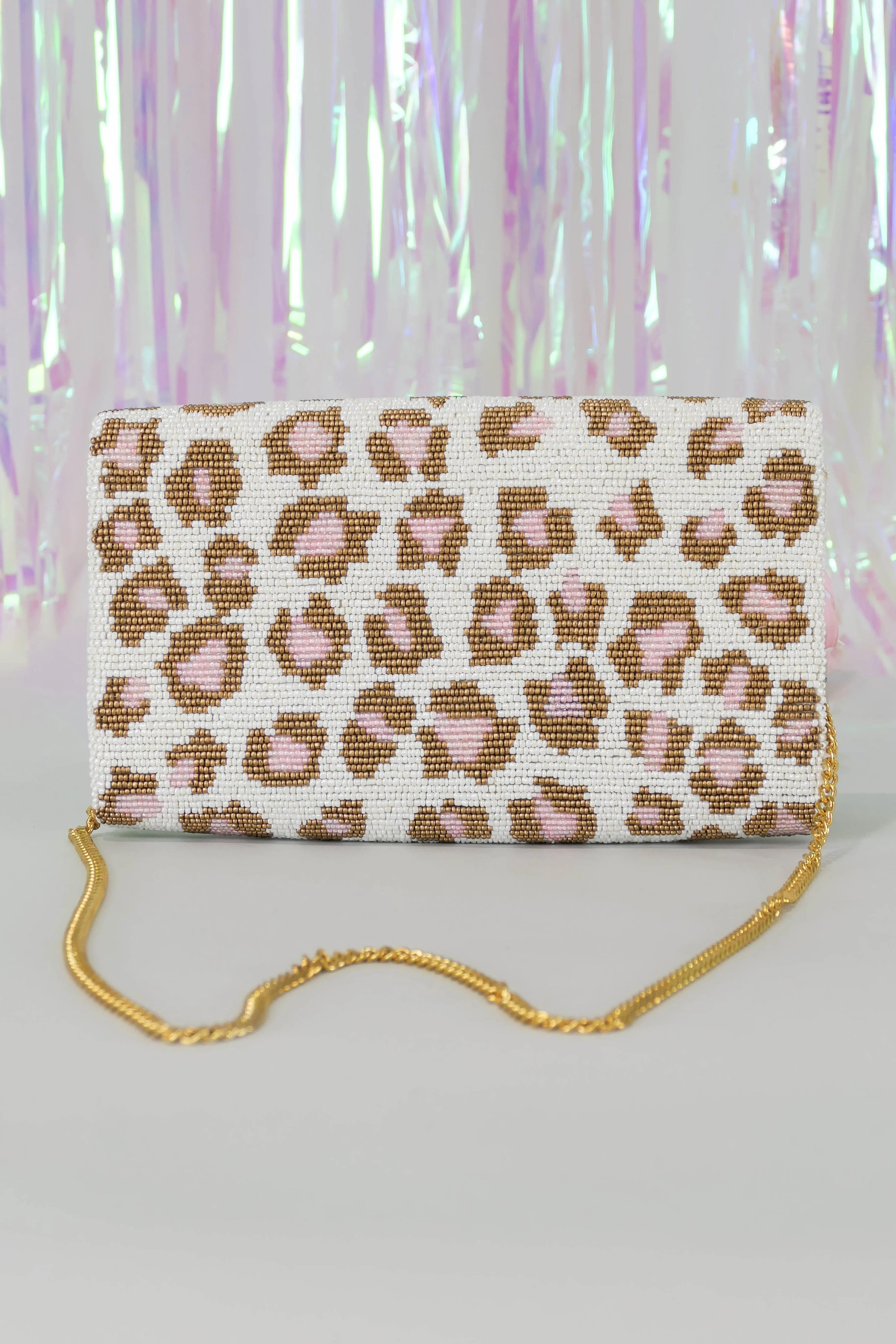 Pink Heart Leopard Beaded Clutch Crossbody