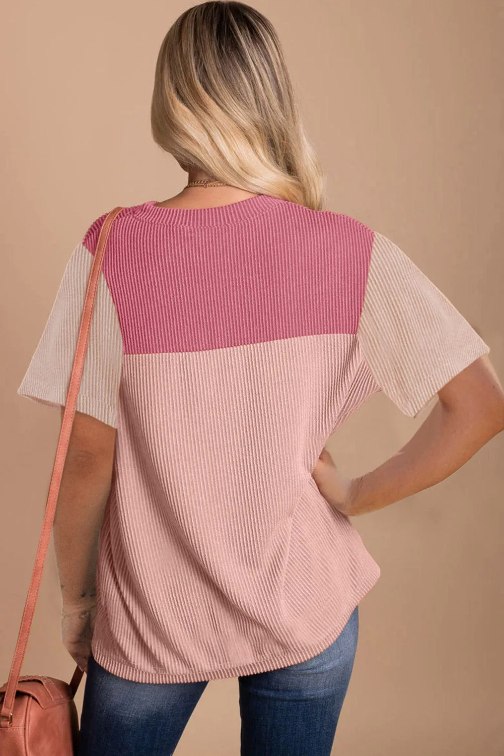 Pink Rib Textured Colorblock T Shirt