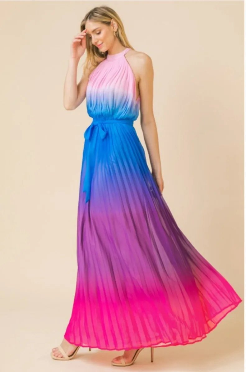 Pink/Blue/Purple Pleated Maxi Dress