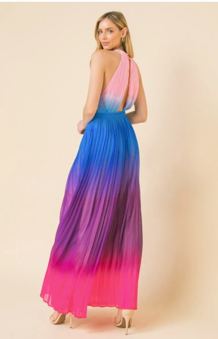 Pink/Blue/Purple Pleated Maxi Dress