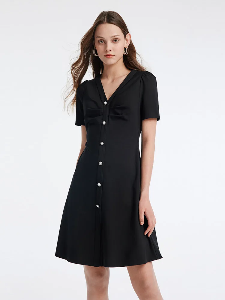 Pleated V-neck Gathered Waist Mini Dress