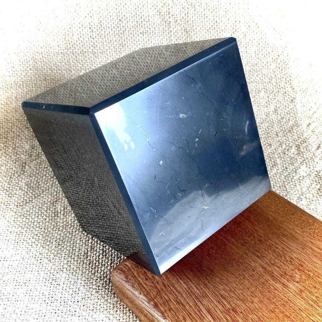 Polished Shungite Cube, 4 Inch (100 mm), with Custom Mahogany Stand