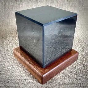 Polished Shungite Cube, 4 Inch (100 mm), with Custom Mahogany Stand