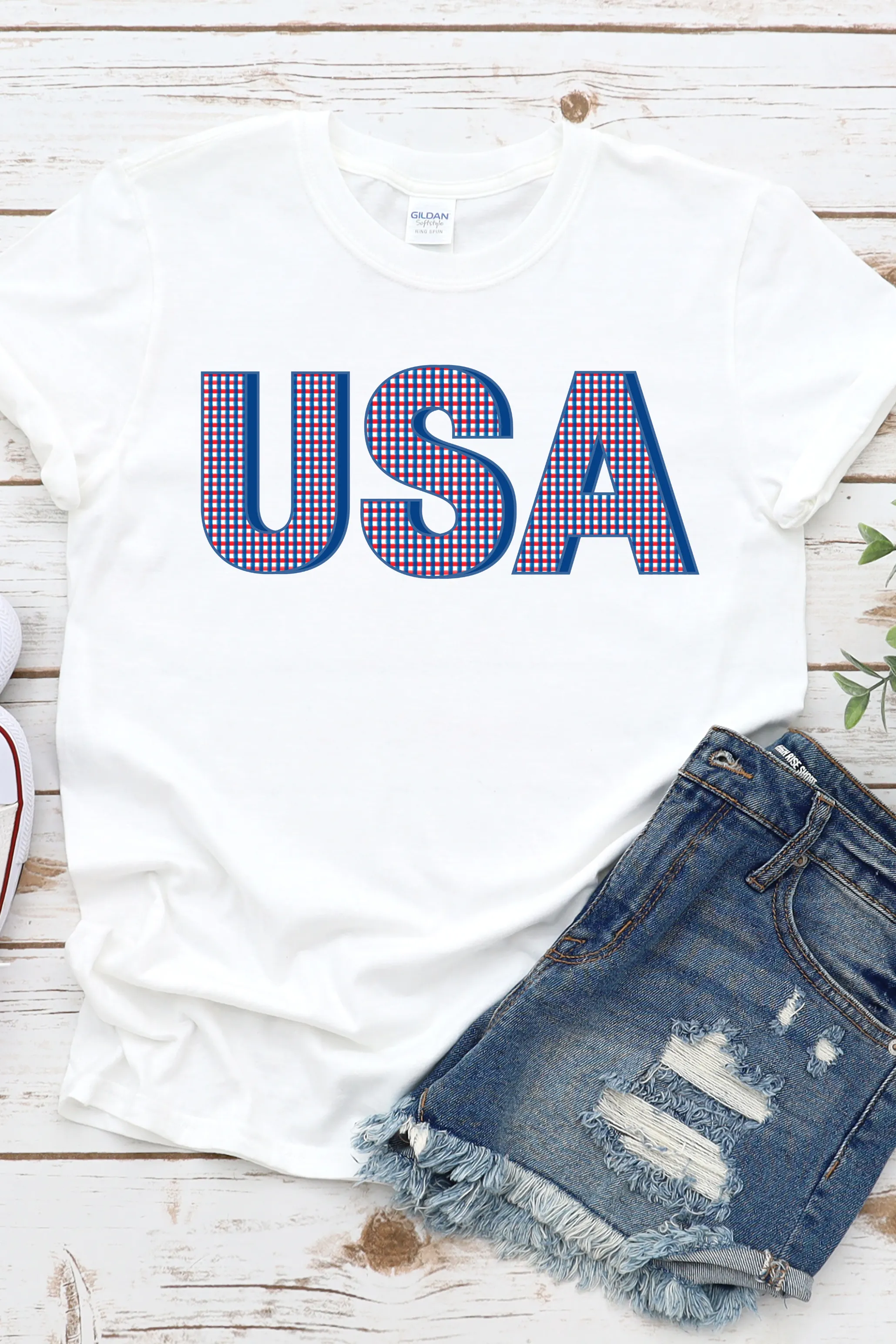 Red White and Blue USA with Plaid Graphic T-Shirt