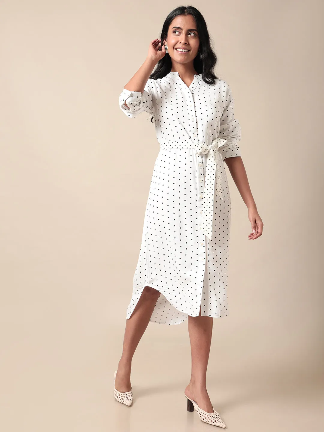 Retro Polka Printed White Dress With Belt