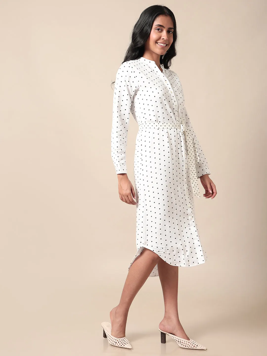 Retro Polka Printed White Dress With Belt