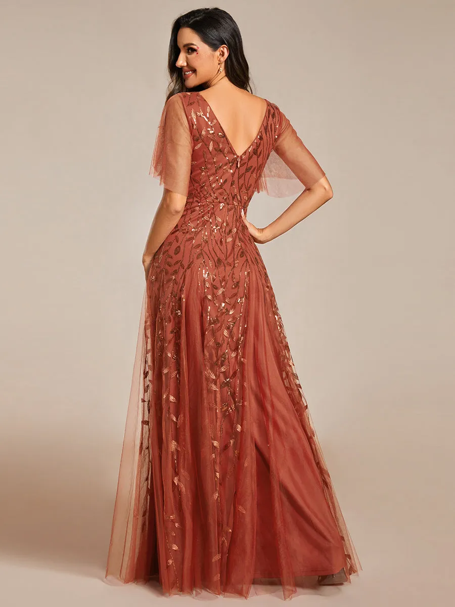 Romantic Shimmery V Neck Ruffle Sleeves Maxi Long Evening Gowns