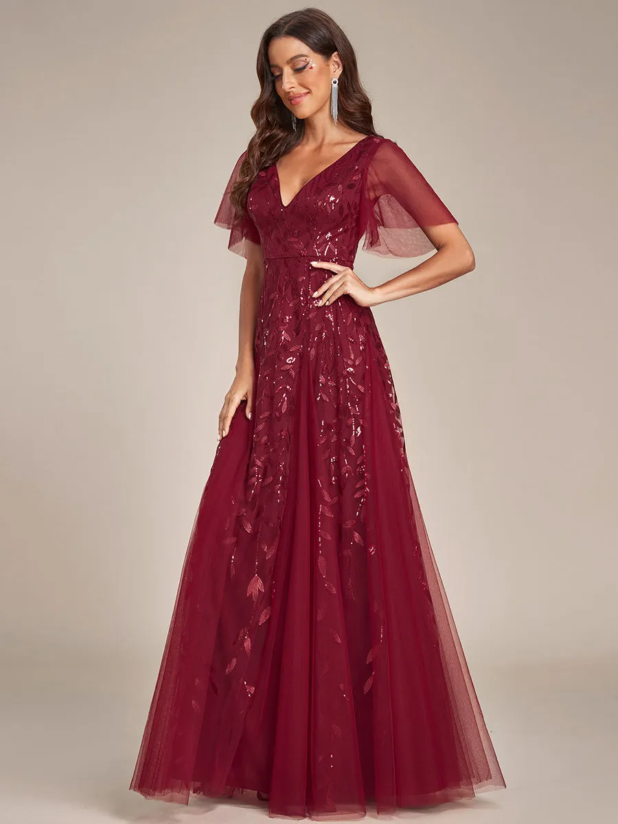 Romantic Shimmery V Neck Ruffle Sleeves Maxi Long Evening Gowns