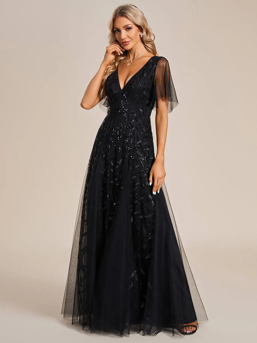 Romantic Shimmery V Neck Ruffle Sleeves Maxi Long Evening Gowns