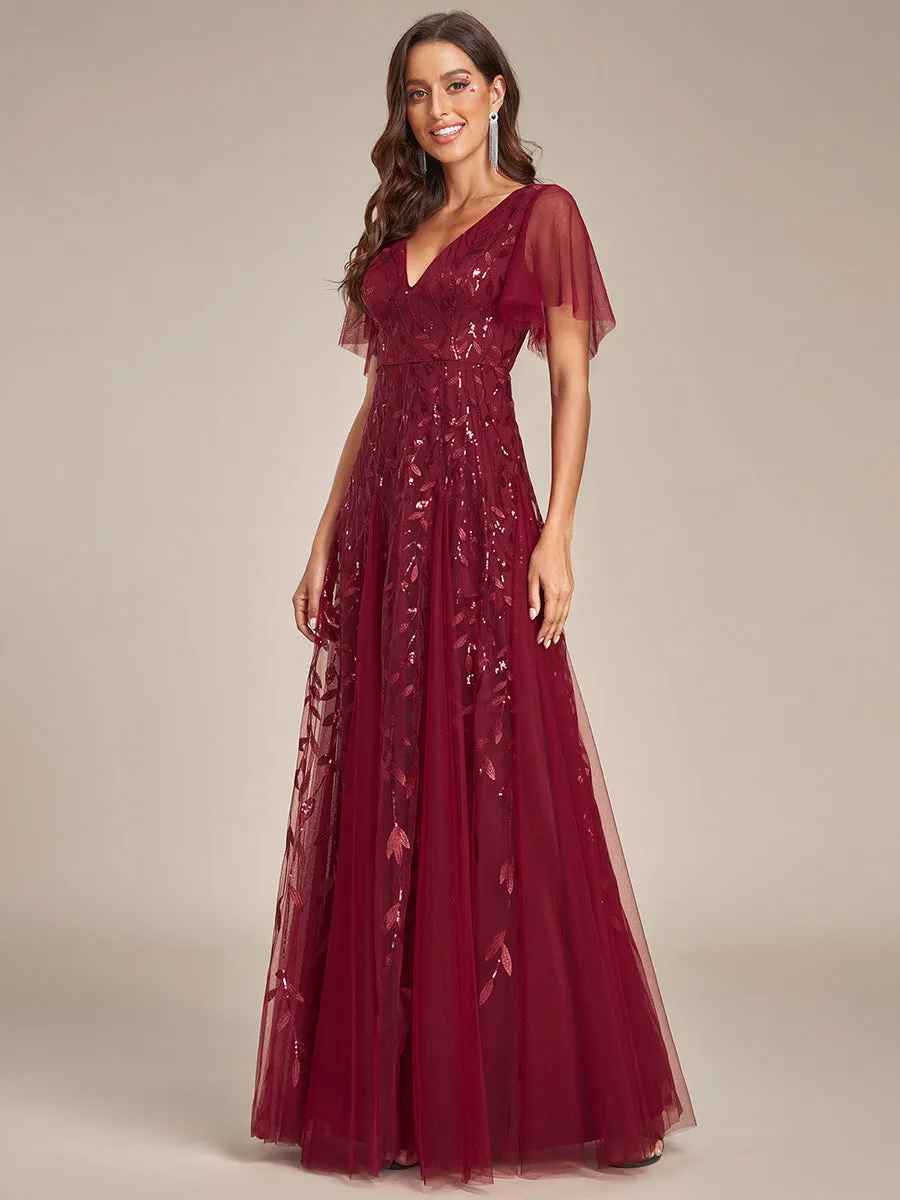 Romantic Shimmery V Neck Ruffle Sleeves Maxi Long Evening Gowns