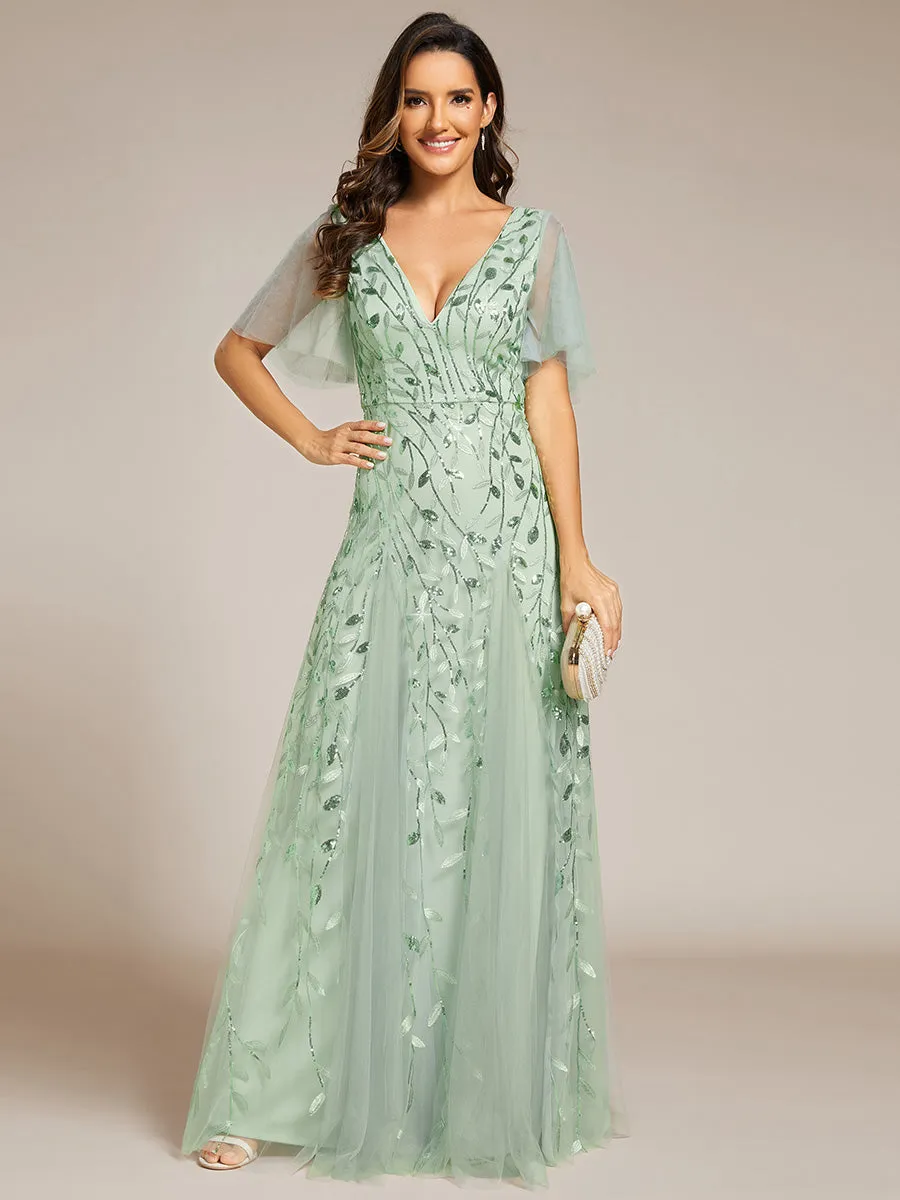 Romantic Shimmery V Neck Ruffle Sleeves Maxi Long Evening Gowns