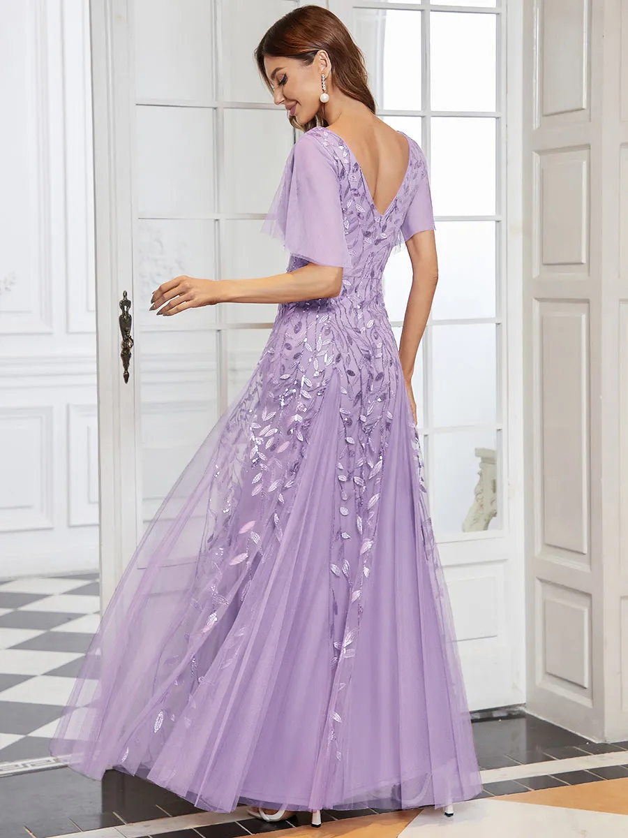 Romantic Shimmery V Neck Ruffle Sleeves Maxi Long Evening Gowns