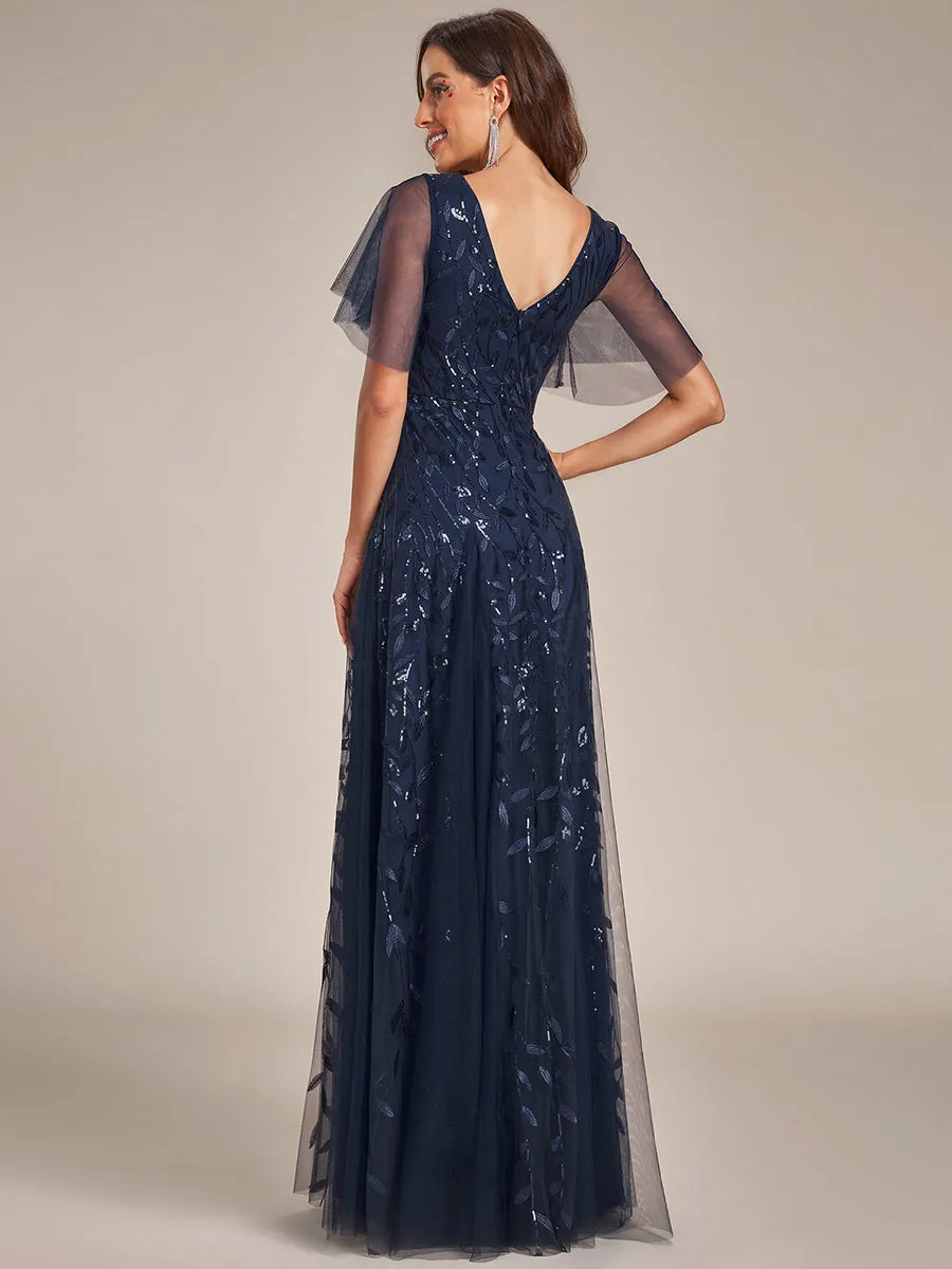 Romantic Shimmery V Neck Ruffle Sleeves Maxi Long Evening Gowns