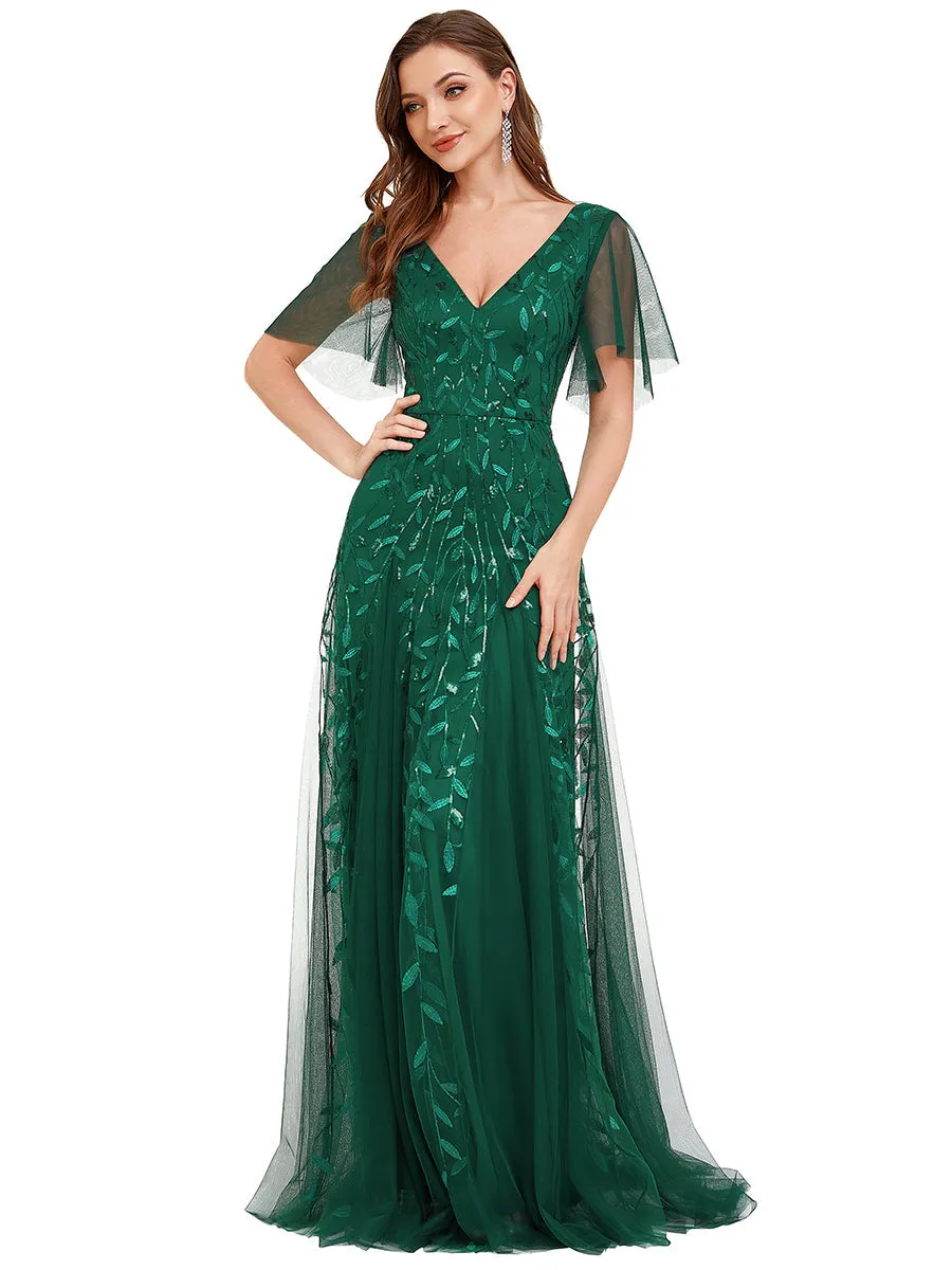 Romantic Shimmery V Neck Ruffle Sleeves Maxi Long Evening Gowns