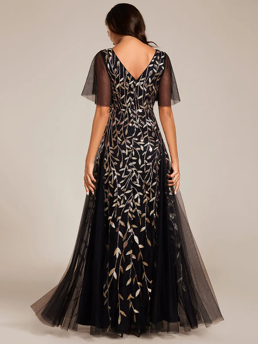 Romantic Shimmery V Neck Ruffle Sleeves Maxi Long Evening Gowns