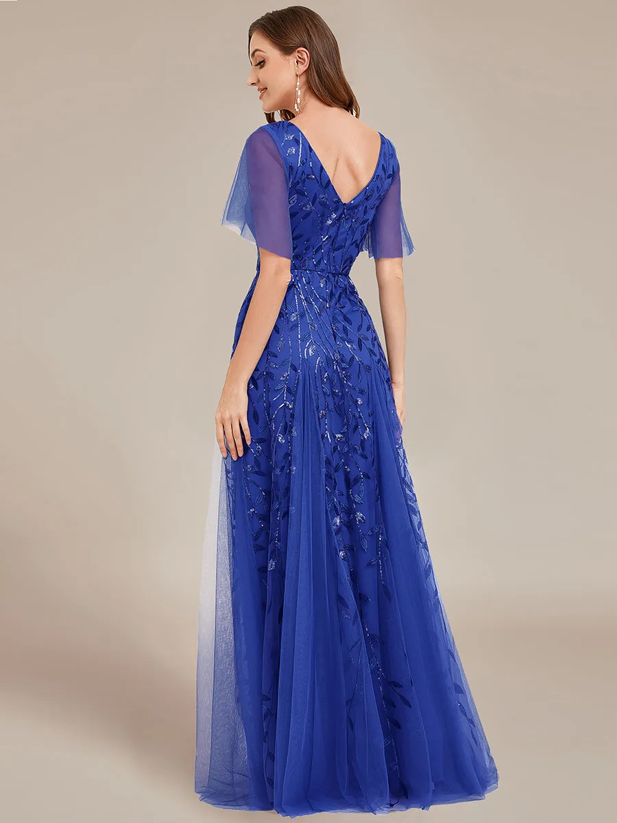 Romantic Shimmery V Neck Ruffle Sleeves Maxi Long Evening Gowns