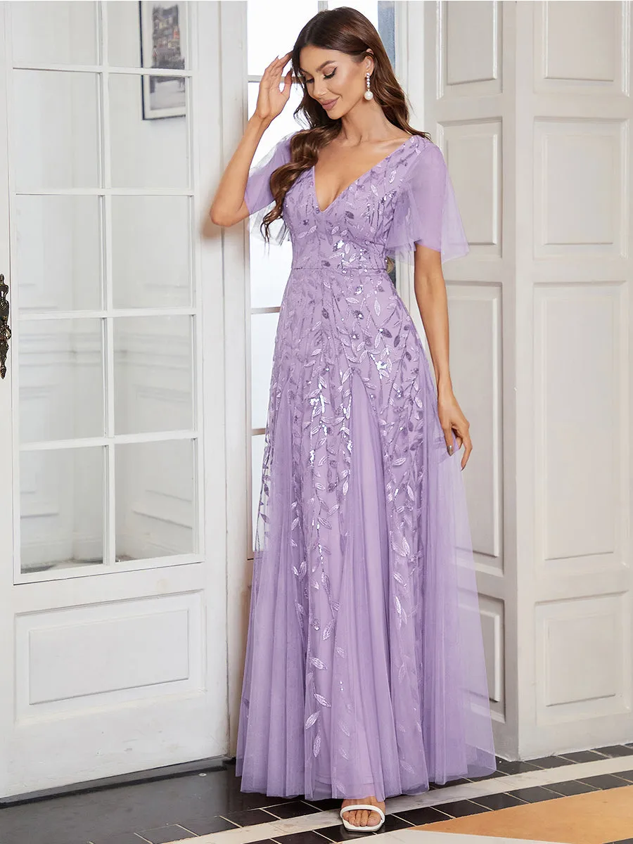 Romantic Shimmery V Neck Ruffle Sleeves Maxi Long Evening Gowns