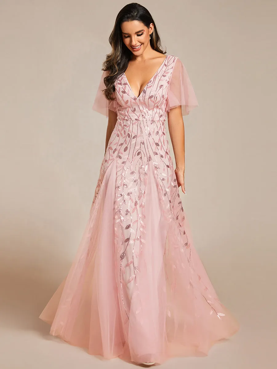 Romantic Shimmery V Neck Ruffle Sleeves Maxi Long Evening Gowns