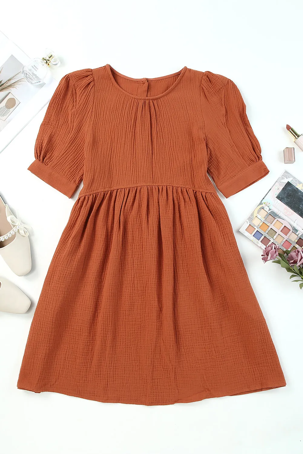 Round Neck Puff Sleeve Dress with Pockets