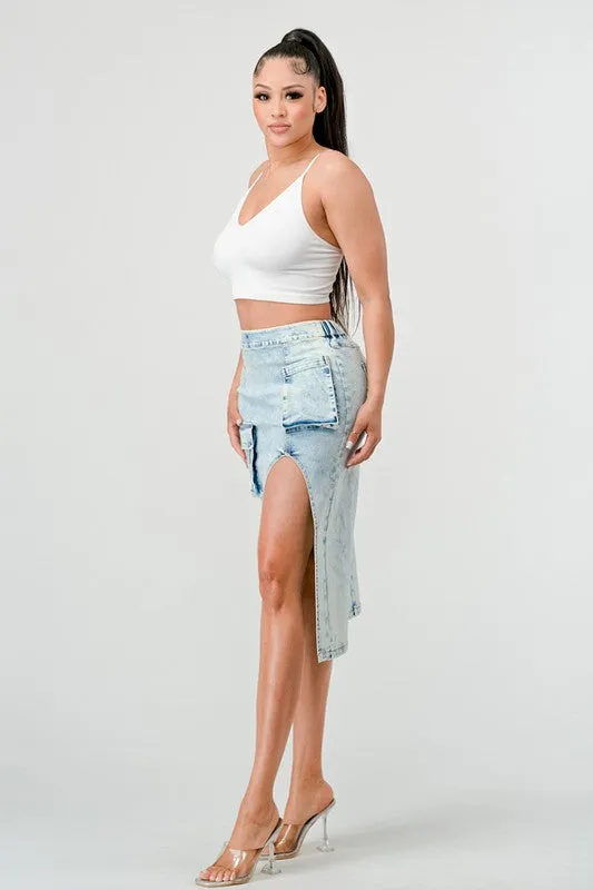 Side Stepper- High Side Split Denim Cargo Skirt