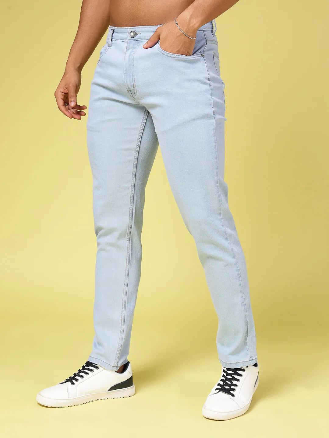 Solid Slim Fit Button Zipper Jeans