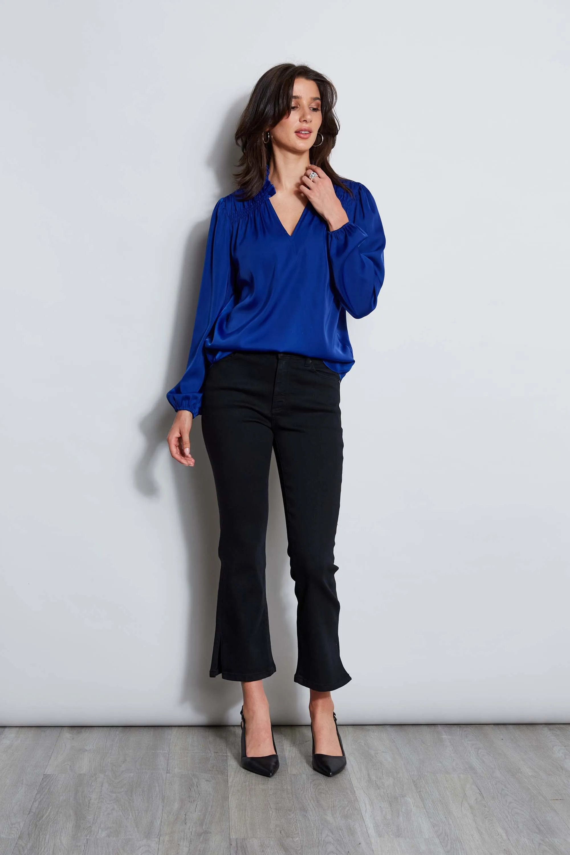 T-Tahari V-Neck Satin Blouson Shirt