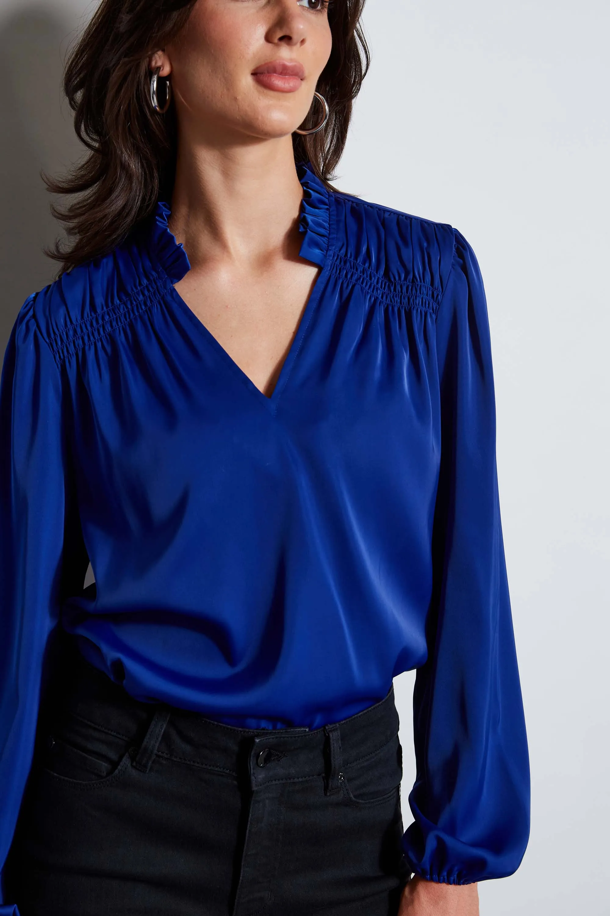 T-Tahari V-Neck Satin Blouson Shirt