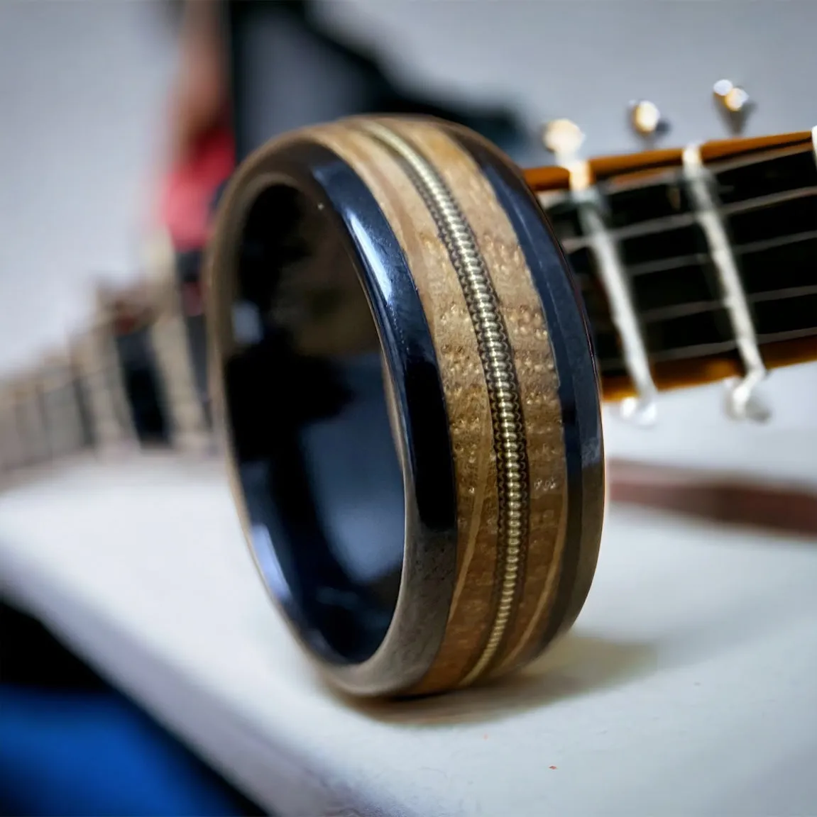 “The Bluegrass Guitar Player”  Kentucky Bourbon Whiskey Barrel Black Ceramic Ring With Guitar String