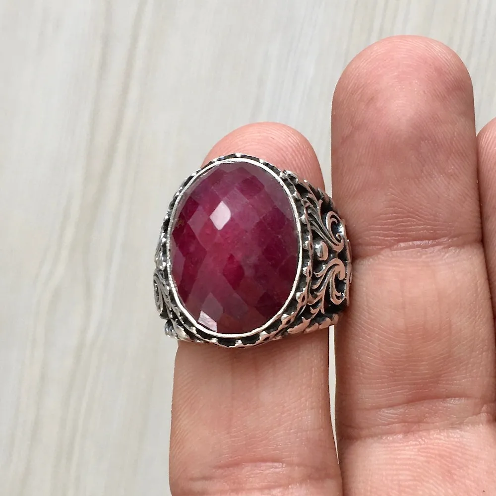 Unique Handmade Ring GENUINE Ruby Corundum Sterling Silver Mens Gemstone Jewelry