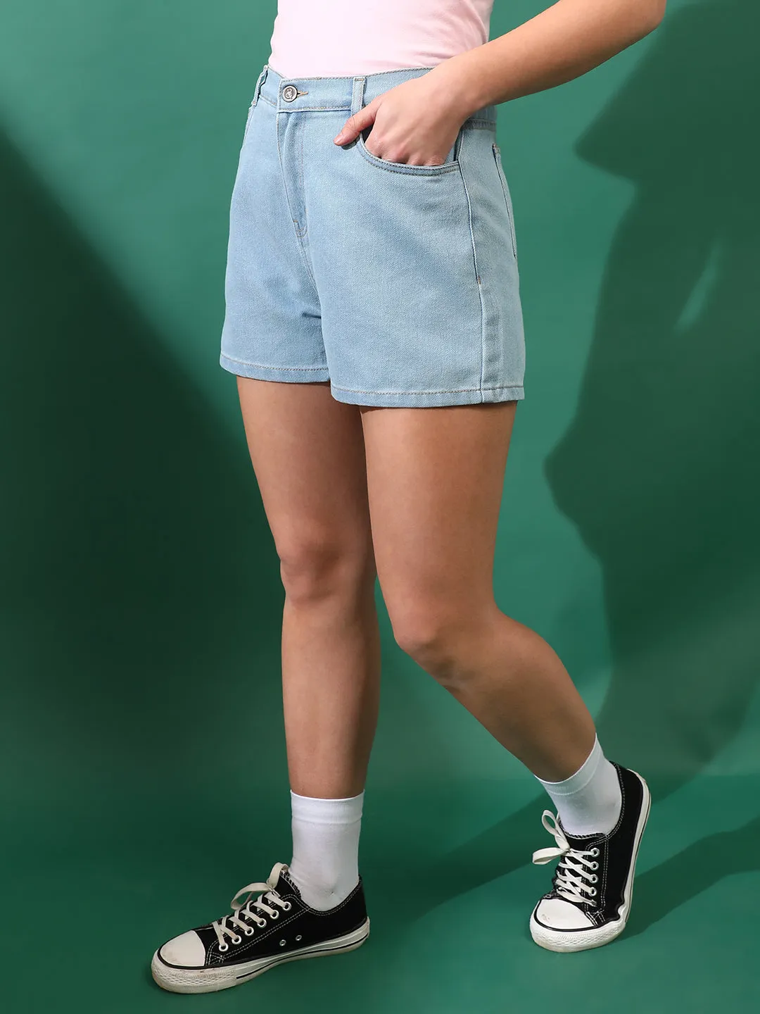 Women Denim solid Light Blue Shorts