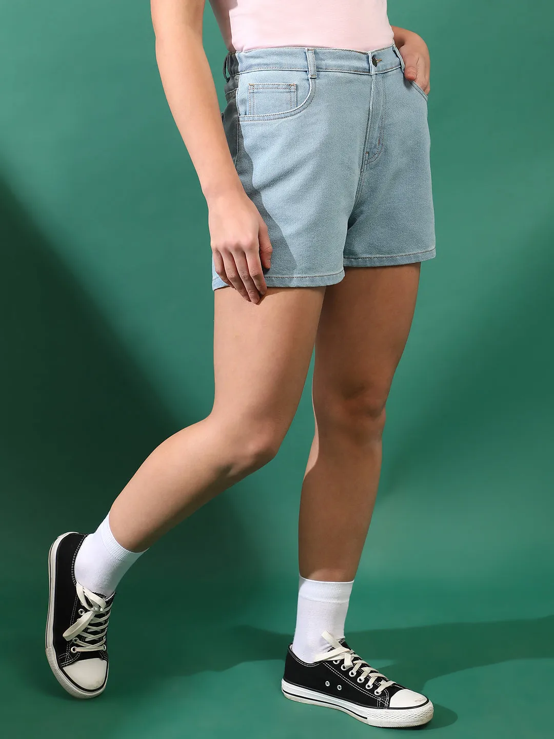 Women Denim solid Light Blue Shorts