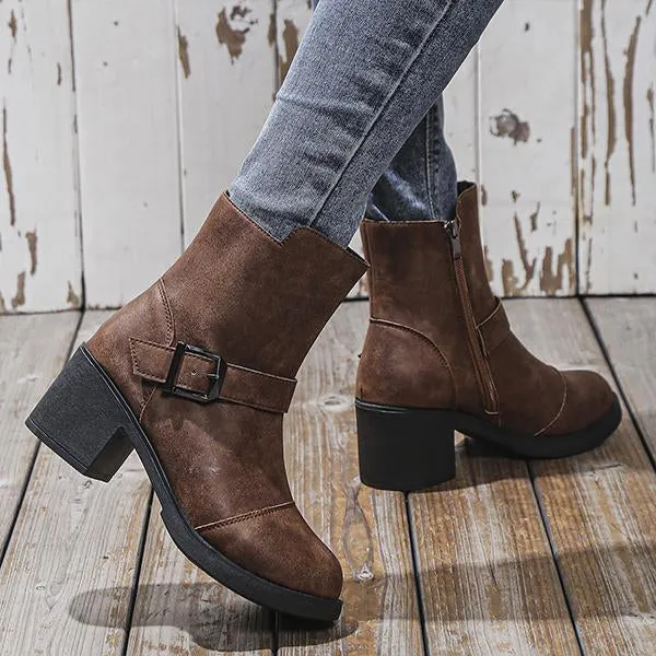 Women's Casual Retro Belt Buckle Thick Heel Martin Boots 18266279S