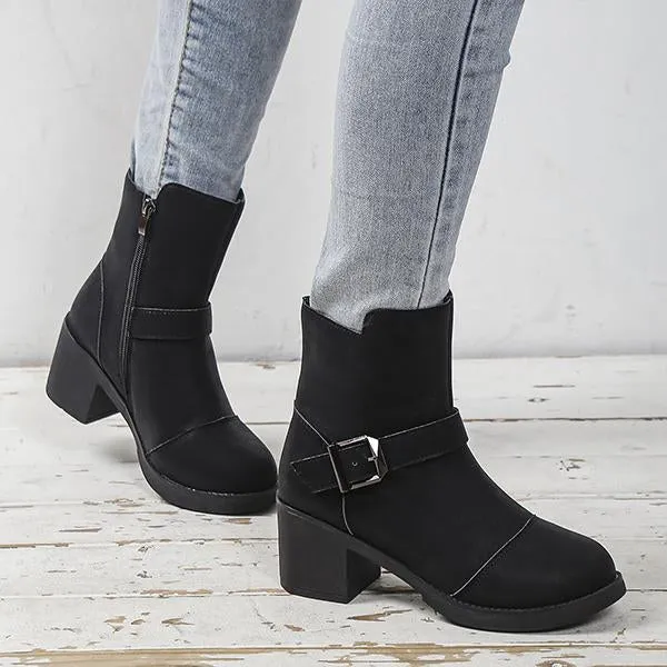 Women's Casual Retro Belt Buckle Thick Heel Martin Boots 18266279S