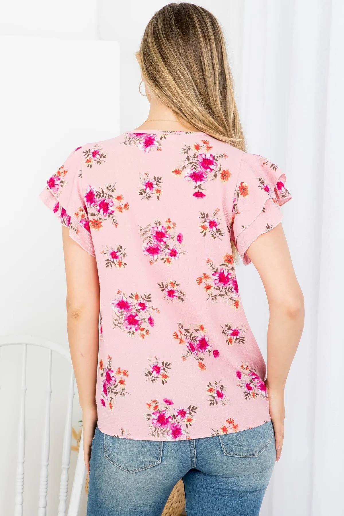 Womens Pink Spring Flowers Top | Cap Sleeve Shirt | Floral Blouse