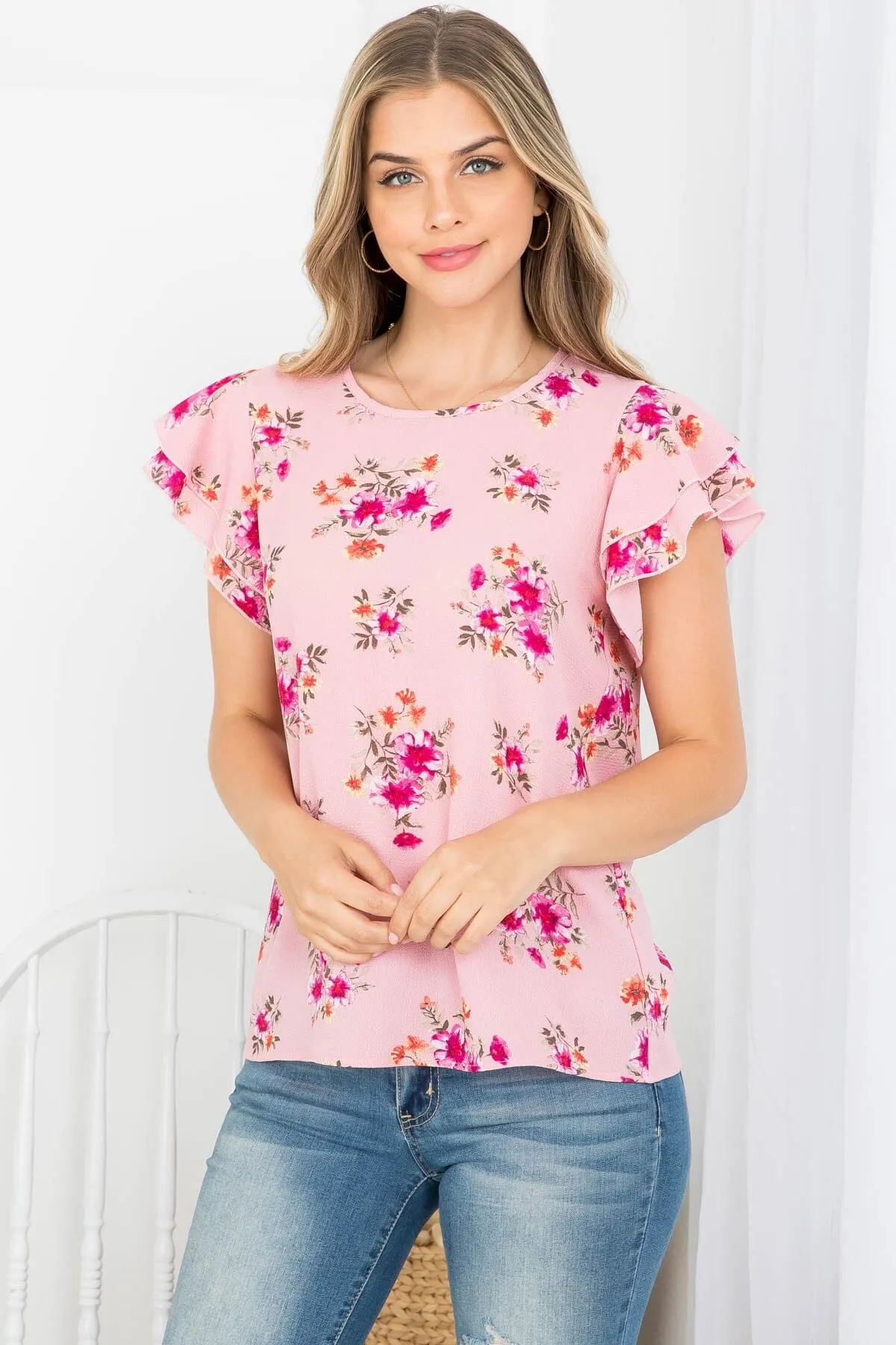 Womens Pink Spring Flowers Top | Cap Sleeve Shirt | Floral Blouse