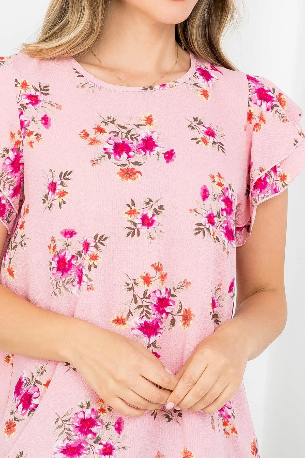 Womens Pink Spring Flowers Top | Cap Sleeve Shirt | Floral Blouse