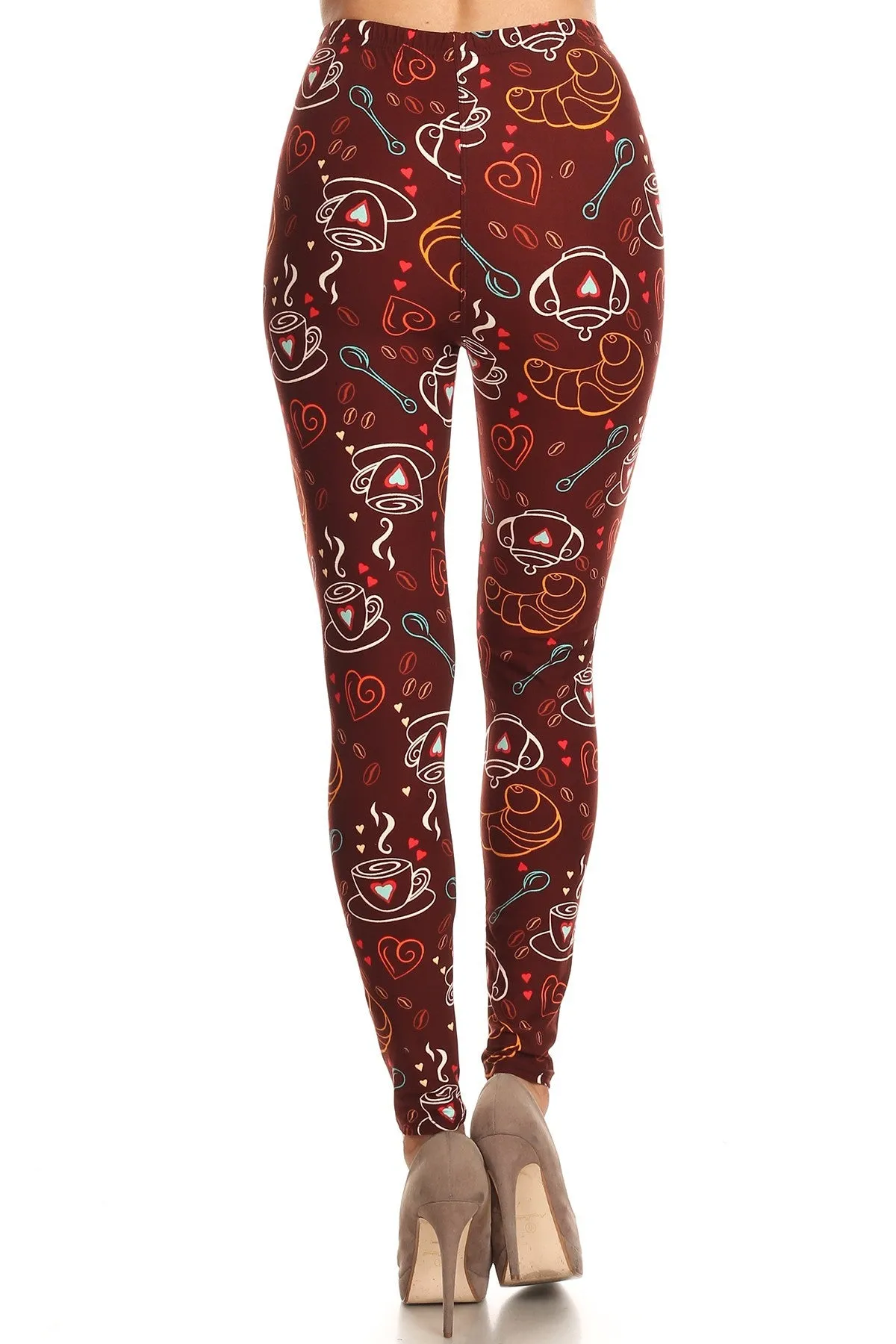 Women's Plus Coffee Tea Baguette Pattern Printed Leggings