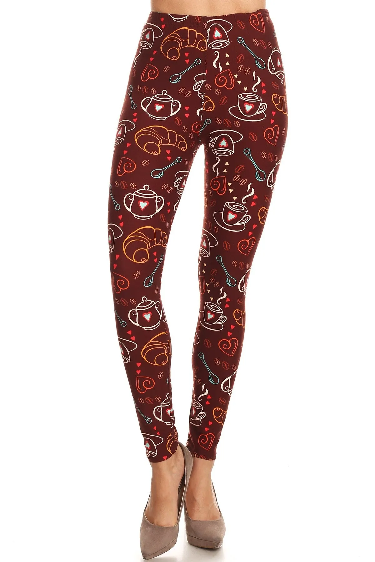 Women's Plus Coffee Tea Baguette Pattern Printed Leggings