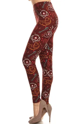 Women's Plus Coffee Tea Baguette Pattern Printed Leggings